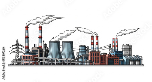 Industrial factory with smoking chimneys and cooling towers.