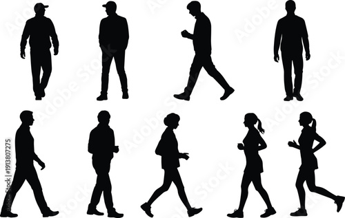 WebCollection of people silhouettes walking, standing and running in different poses, black isolated human figures set on white background for design, infographic, and motion reference