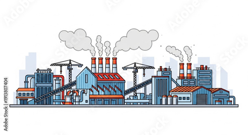 Industrial factory with smoking chimneys and cranes illustration.