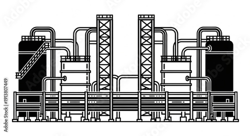 Industrial facility with pipes and tanks in a technical drawing style.