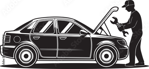 Auto mechanic silhouette vector illustration repairing car engine with wrench tool in service station