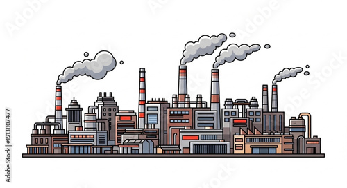 Industrial Factory With Smoke Coming Out Of Chimneys.