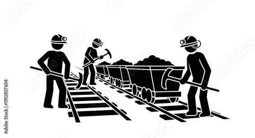 Three miners working together to transport coal on a railway track.