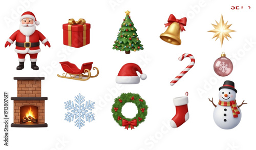 Realistic 3D Christmas Holiday Icons Set with Traditional Festive Symbols