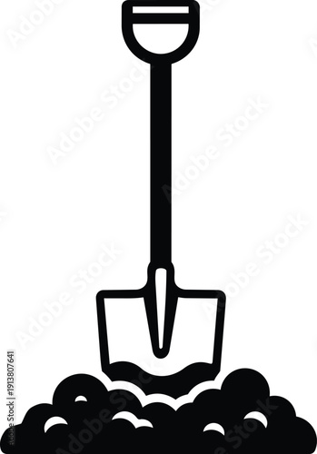 Minimalist flat design shovel digging soil close up top handle view gardening spade in loose earth simple black icon vector