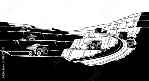 Mining excavation site with heavy machinery and vehicles.