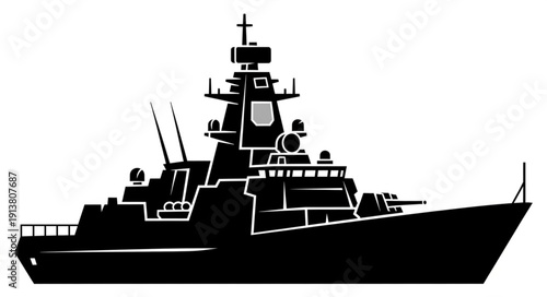 Modern naval warship silhouette with advanced weaponry and radar systems.