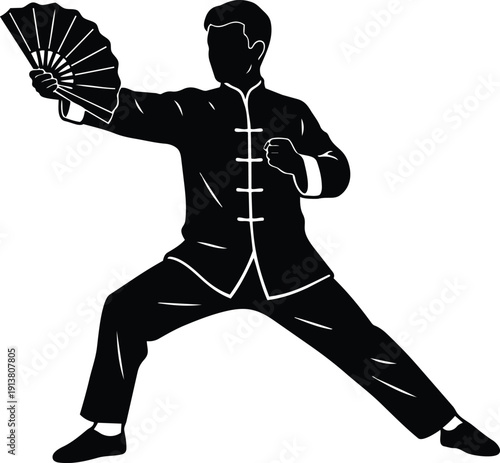 Minimalist vector silhouette martial artist performing tai chi fan form in deep stance looking away black white high contrast