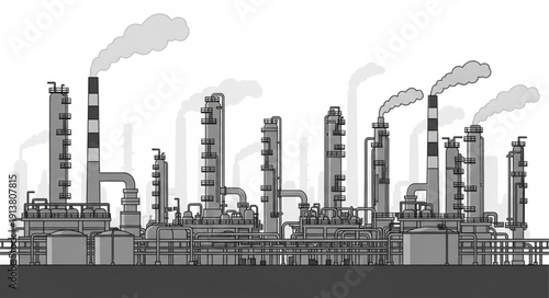 Industrial factory with smoke stacks emitting fumes into the sky.