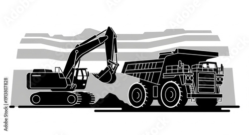 Heavy Machinery Excavator and Dump Truck Silhouette.