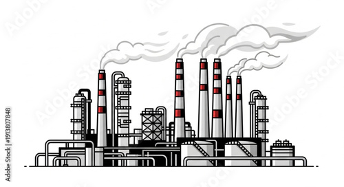 Industrial factory with smoke stacks emitting pollution.