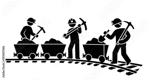Three miners working together on a railway track with coal carts.