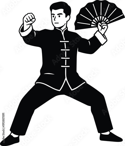 Line art low angle wushu practitioner with folding fan in fight stance wearing traditional kung fu uniform showing focused expression