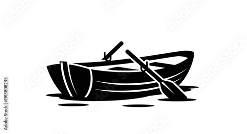 Black and white illustration of a small rowboat with oars.