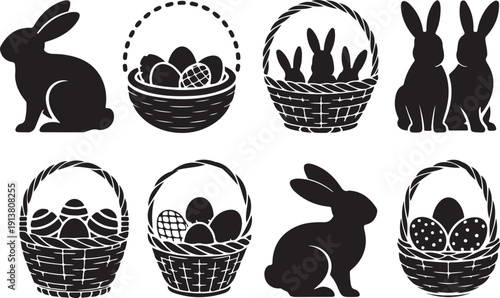 Easter bunny and egg basket silhouette collection for spring holiday celebration vector design elements