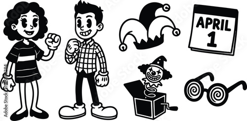 Retro cartoon 90s set showing two kids smiling with prank props jack in box jester hat spiral glasses april first