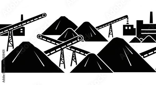 Industrial mining landscape with conveyor belts and machinery.