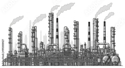 Industrial factory with smoke stacks emitting steam into the sky.