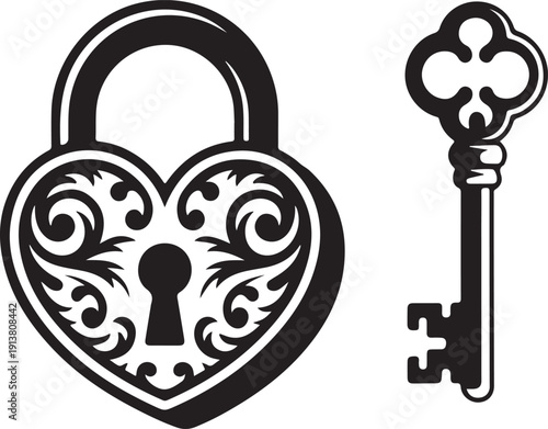 Vintage heart shaped padlock and ornate key set isolated black silhouette illustration on grid background