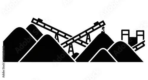 Mining operation with conveyor belts and piles of material.