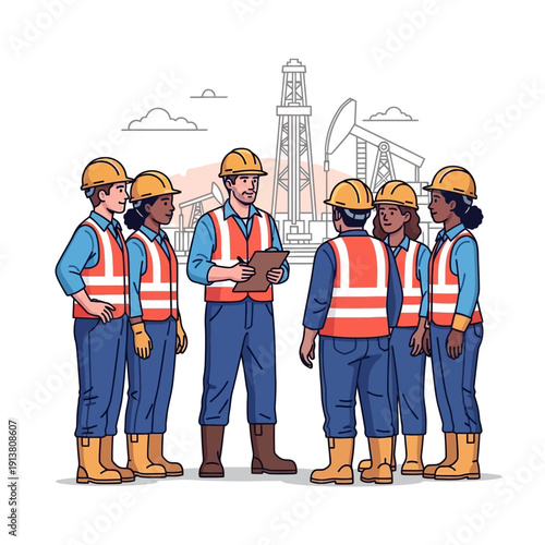 Diverse group of construction workers in safety gear gathered for a meeting.