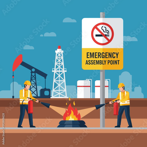 Firefighters extinguish fire at oil rig emergency assembly point.