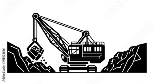 Black and white illustration of excavator in mountainous terrain.