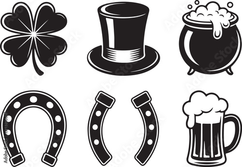 St patricks day lucky charm symbols four leaf clover hat cauldron horseshoe mug
