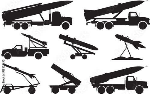 Military missile launchers on trucks and trailers various designs vector graphics set