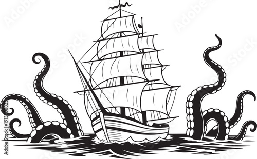 Kraken attacks sailing ship on stormy sea ancient legend monster tentacles vector illustration