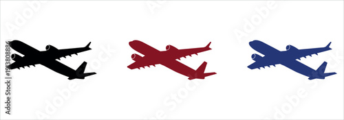 Three colorful airplane silhouettes in black, red, and blue vector illustration.