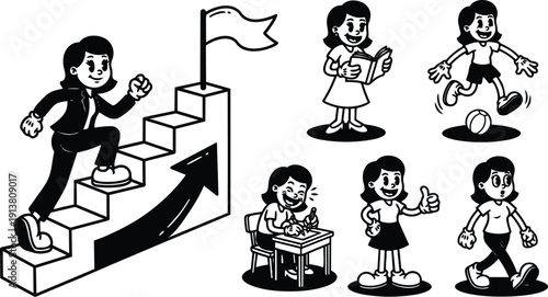 Retro cartoon 50s smiling girl climbing career stairs reading studying playing soccer walking and writing at desk optimistic thumbs up