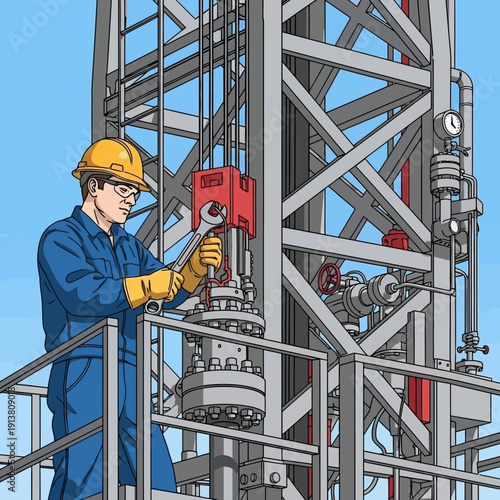 Oil rig worker in hard hat and safety gear operating machinery.