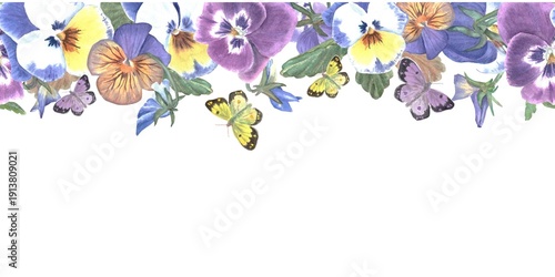 Beautiful horizontal seamless border with blue, maroon, orange pansies and butterfly hand painted in watercolor on isolated background, simple clip art spring botanical illustration for design