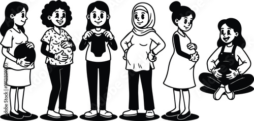 Line art vector showing diverse pregnant women smiling holding bellies standing and sitting in profile with simple black ink style