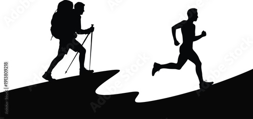 A black silhouette shows a hiker with poles and backpack alongside a runner ascending wavy terrain