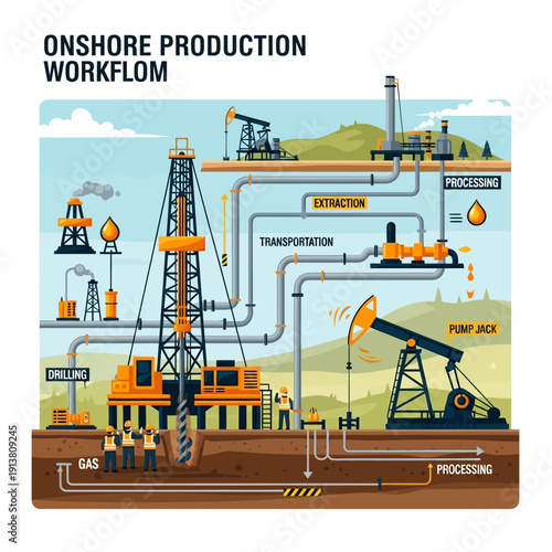 Onshore Oil and Gas Production Workflow Illustration.