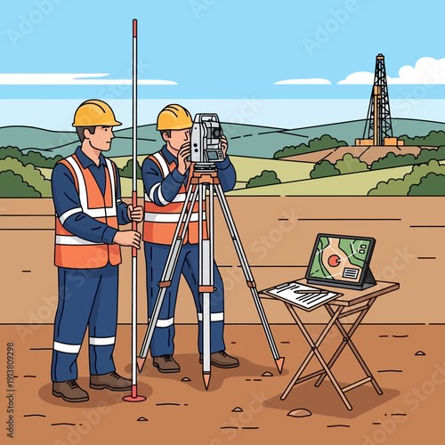 Surveyors using modern equipment for land measurement and data collection.