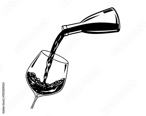 Stylish Black and White Vector Illustration: Wine Pouring into Glass