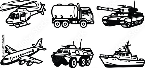 Line art bold vehicle icons helicopter tanker truck tank airplane armored personnel carrier patrol boat black outline isolated vector set