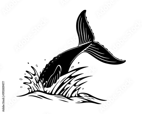 Black and White Illustration of Whale Tail Fluke Diving into Ocean Water Splash