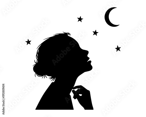 Minimalist Silhouette of Woman Stargazing at Moon and Stars