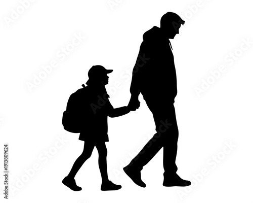 Silhouette of parent and child walking hand in hand, student with backpack