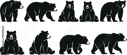 Bear silhouettes set, grizzly and polar bear animal icons, wildlife predator collection, forest nature vector, grizzly bear character graphic design.