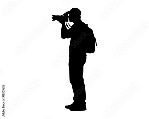 Photographer Silhouette with Camera and Backpack Isolated on White Background