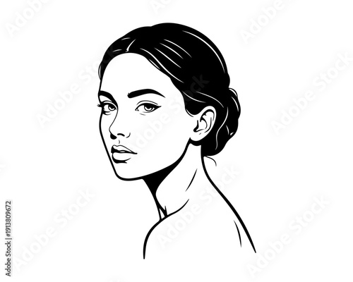 Elegant black and white drawing of a woman's profile, minimalist beauty.