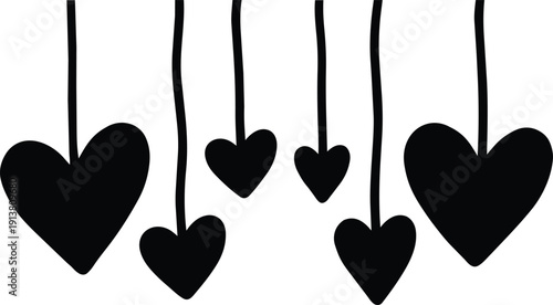 Flat design hanging heart silhouettes close up row of black hearts on white background simple valentine motif minimalist vector art