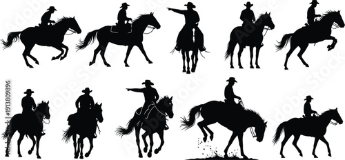 Cowboy riding horse silhouettes set, western rodeo equestrian vector icons, wild west stallion character collection, rancher horseback riding graphic elements.