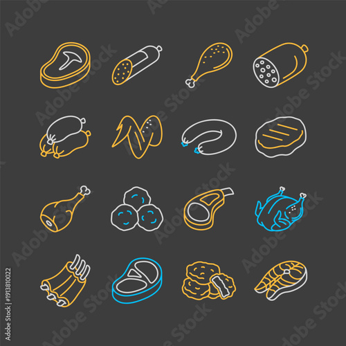 Meat Cuts and Processed Food Minimal Icon Set