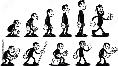 Rubber hose style character evolution sheet showing smiling cartoon man walking waving sitting and holding mirror and spear props